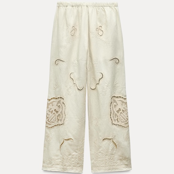 NWOT Zara Cream Wide-Leg Embroidered Cutwork Pants ZW Collection S  *Orig $109 - Picture 2 of 7